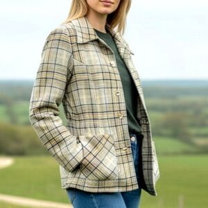 Vtg 70s " Levi's for Gals"  Neutral Plaid Jacket Big Collar Country Casual Sz S